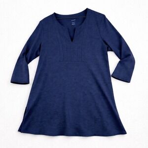 Pure Jill Slub Bib Tunic Navy Blue 100% Cotton‎ 3/4 Sleeve Split Hem Size M